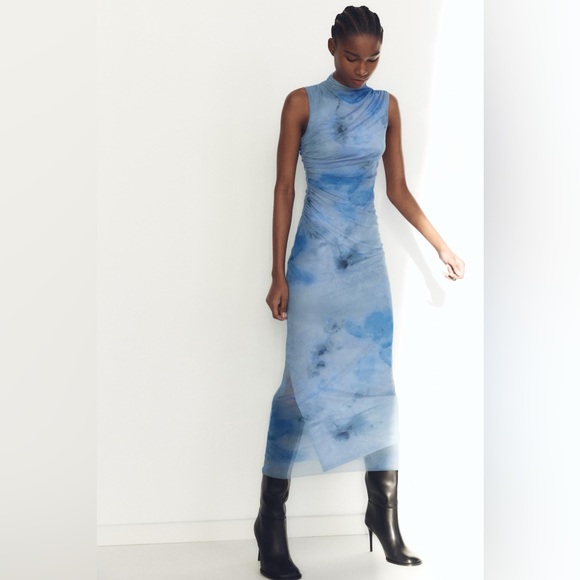 Zara Dresses & Skirts - Zara Draped Printed Midi Elegant Blue Dress